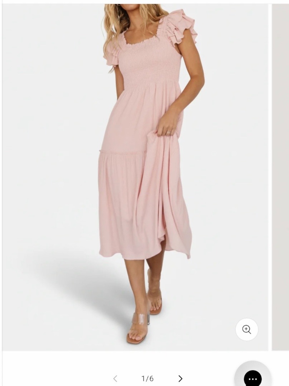 Baltic Born Dusty Pink Smocked Midi Dress with Ruffle Sleeves